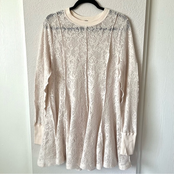 Free People Coffee In The Morning Tunic Crochet Knit Top Chamoix Medium Boho - Picture 2 of 15
